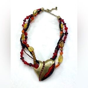 Vintage Chico's Red, Amber & Gold Multi-Strand Heart Necklace